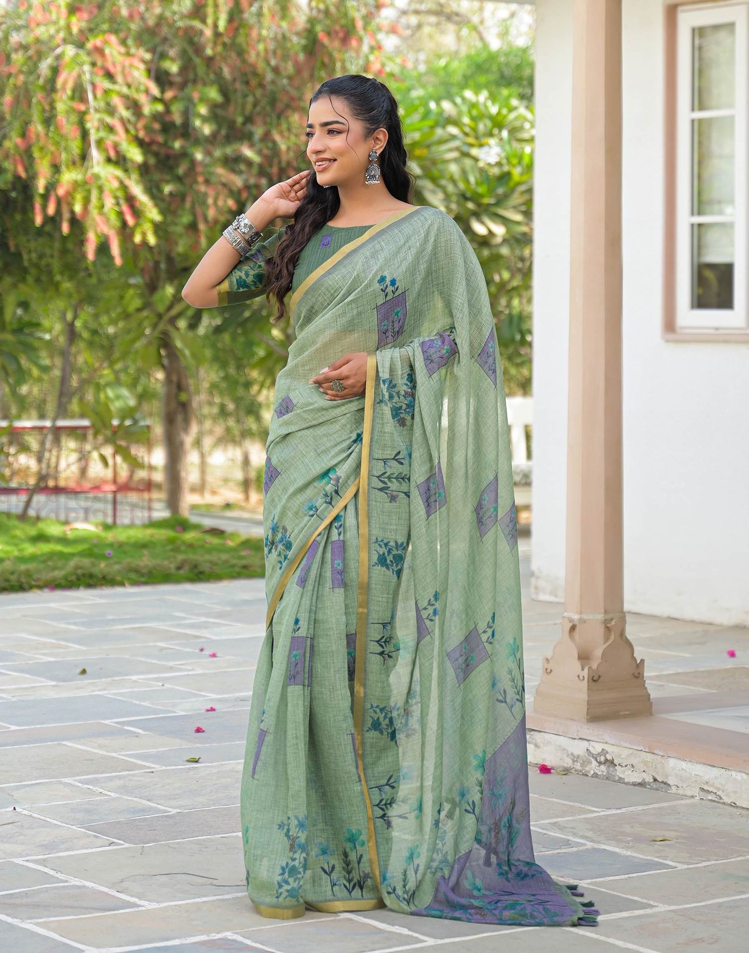 Dusty Green Linen Floral Printed Saree
