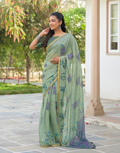 Dusty Green Linen Floral Printed Saree