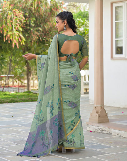 Dusty Green Linen Floral Printed Saree
