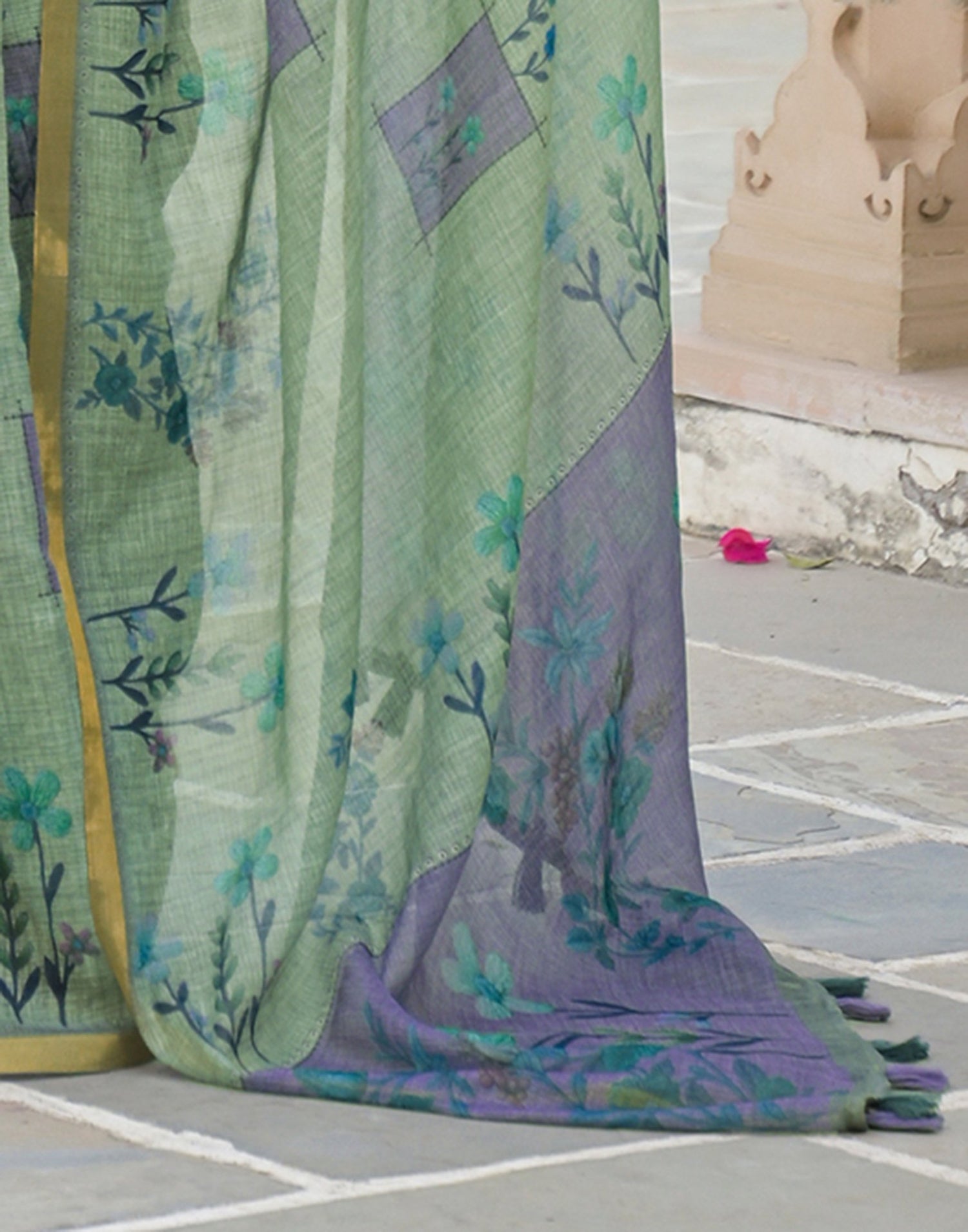 Dusty Green Linen Floral Printed Saree