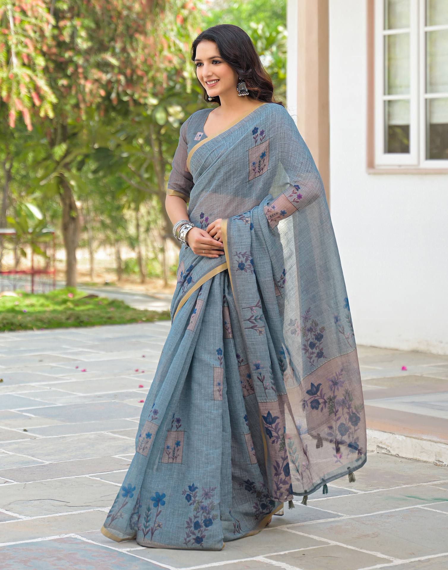 Dusty Blue Linen Floral Printed Saree