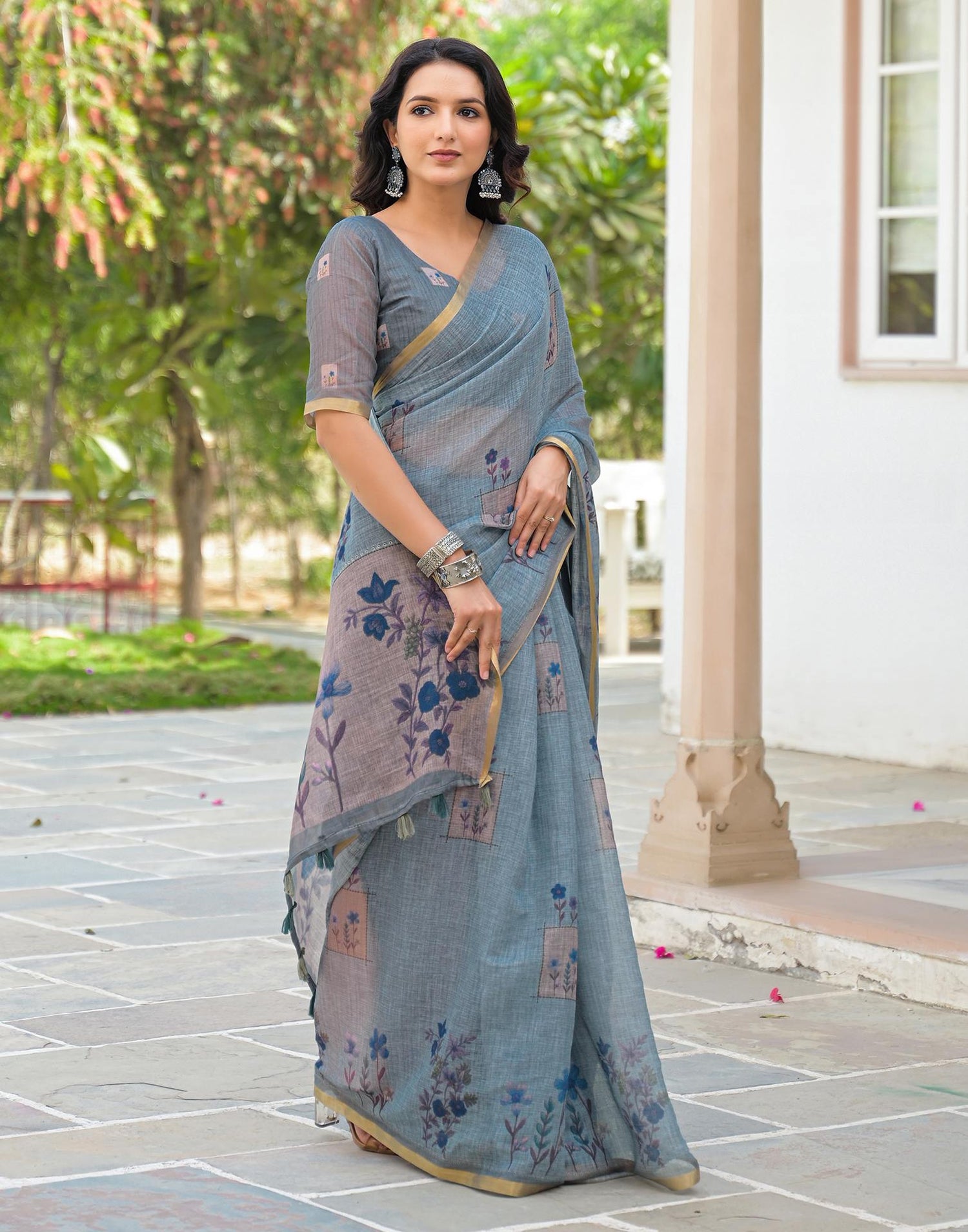Dusty Blue Linen Floral Printed Saree
