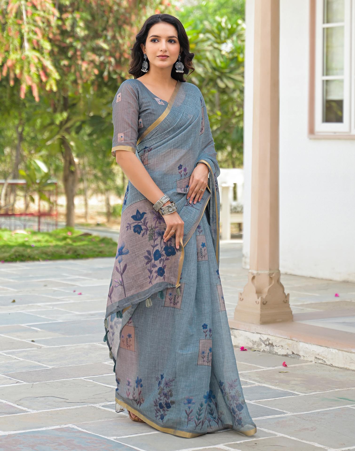 Dusty Blue Linen Floral Printed Saree