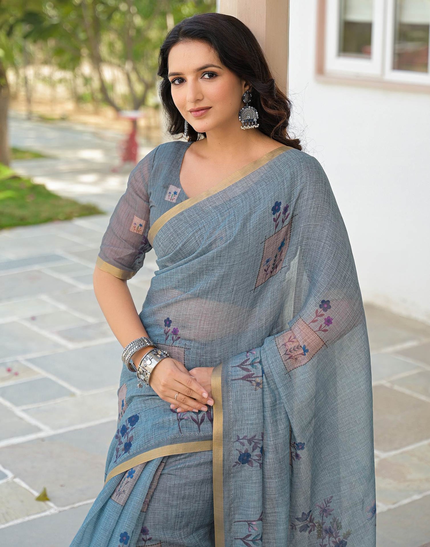 Dusty Blue Linen Floral Printed Saree