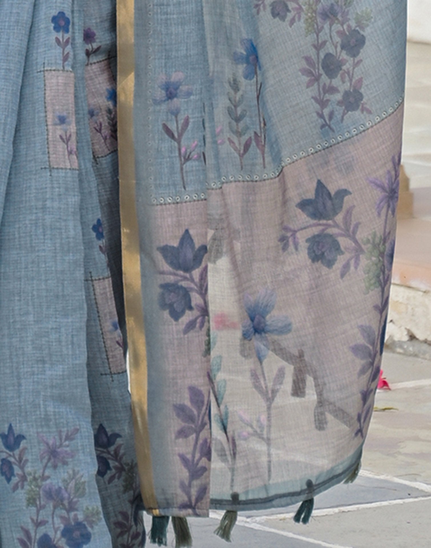 Dusty Blue Linen Floral Printed Saree