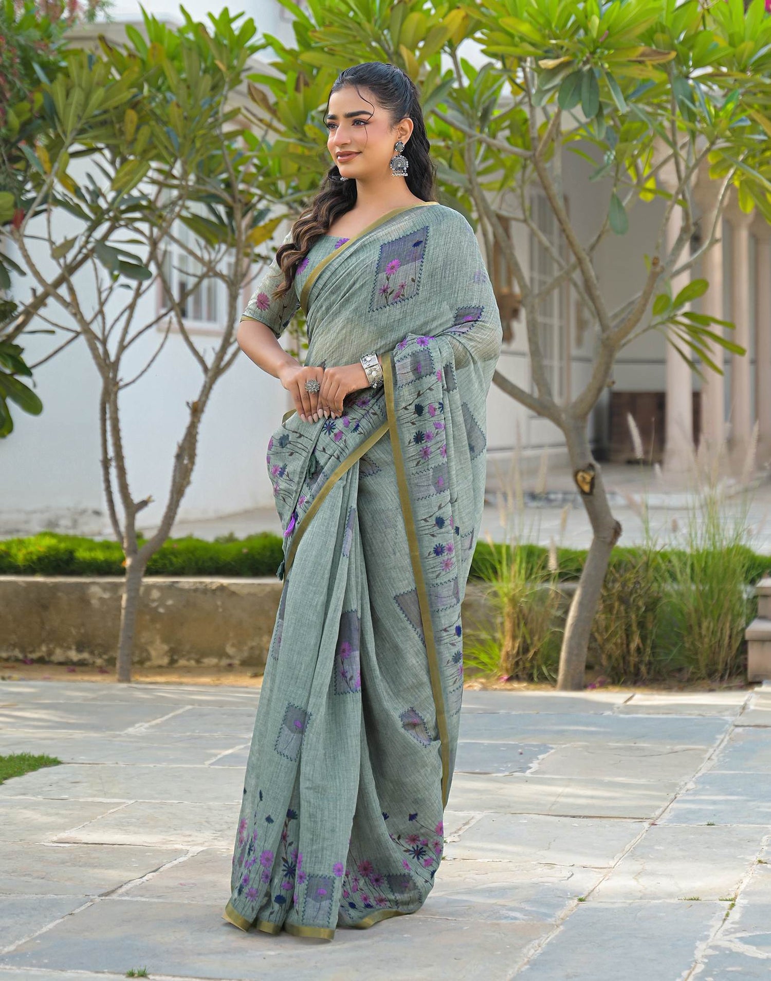 Sage Green Linen Floral Printed Saree
