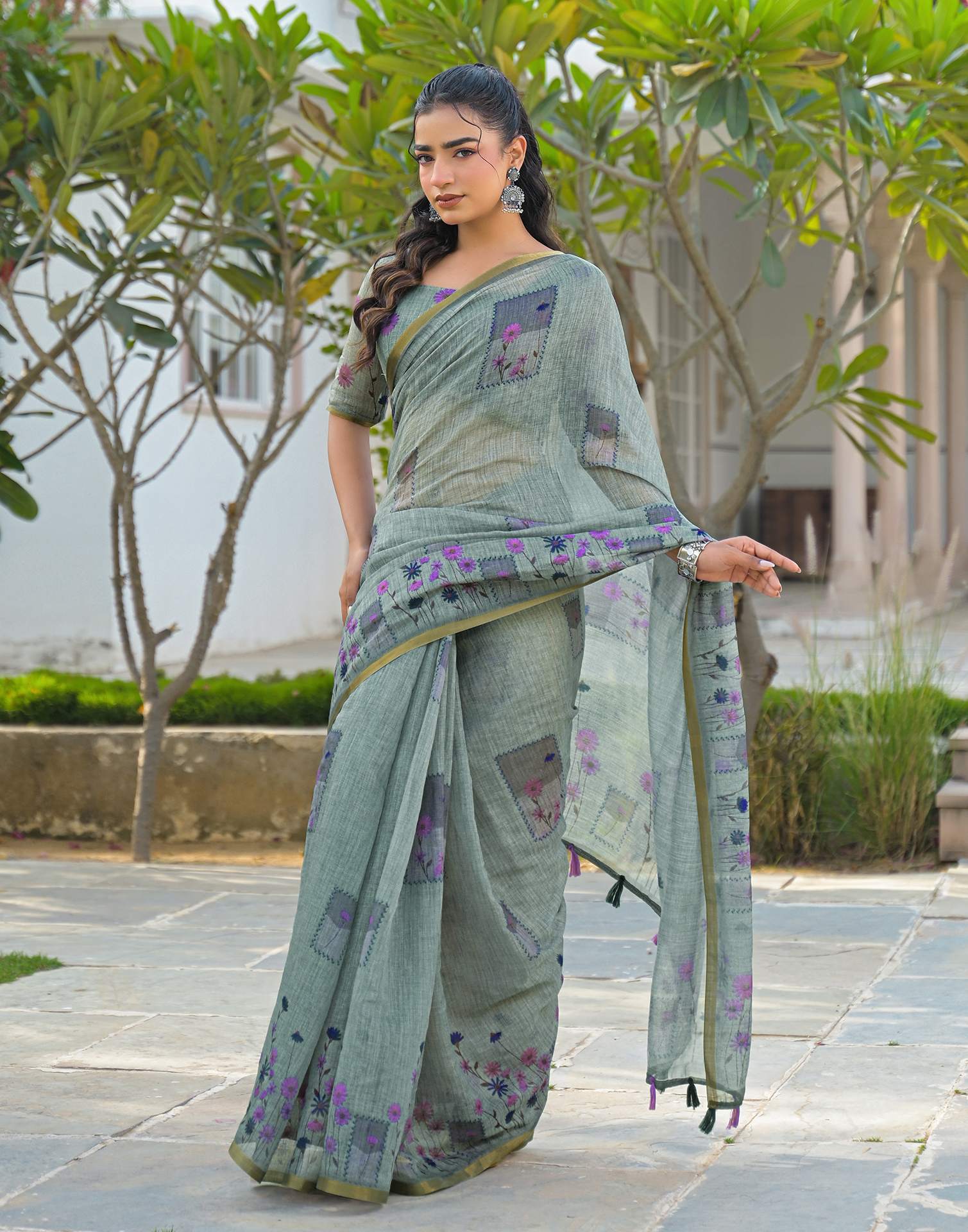 Sage Green Linen Floral Printed Saree