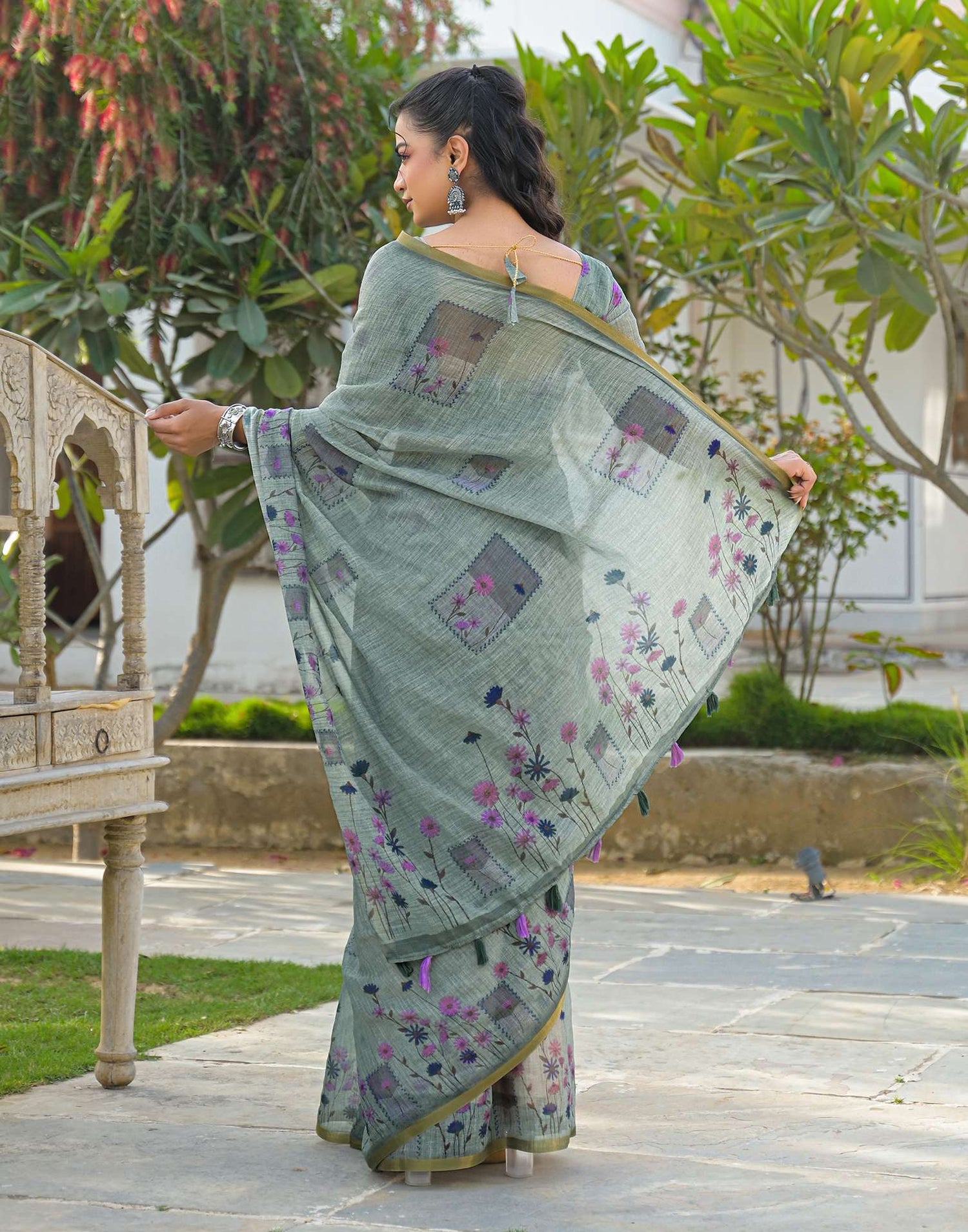 Sage Green Linen Floral Printed Saree