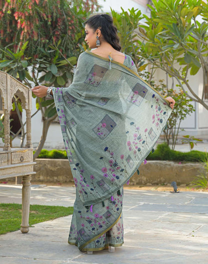 Sage Green Linen Floral Printed Saree