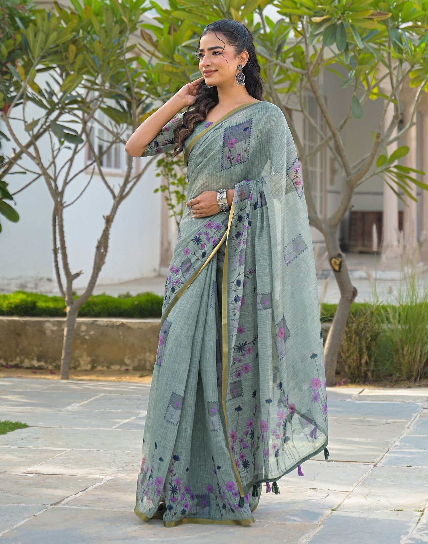 Sage Green Linen Floral Printed Saree