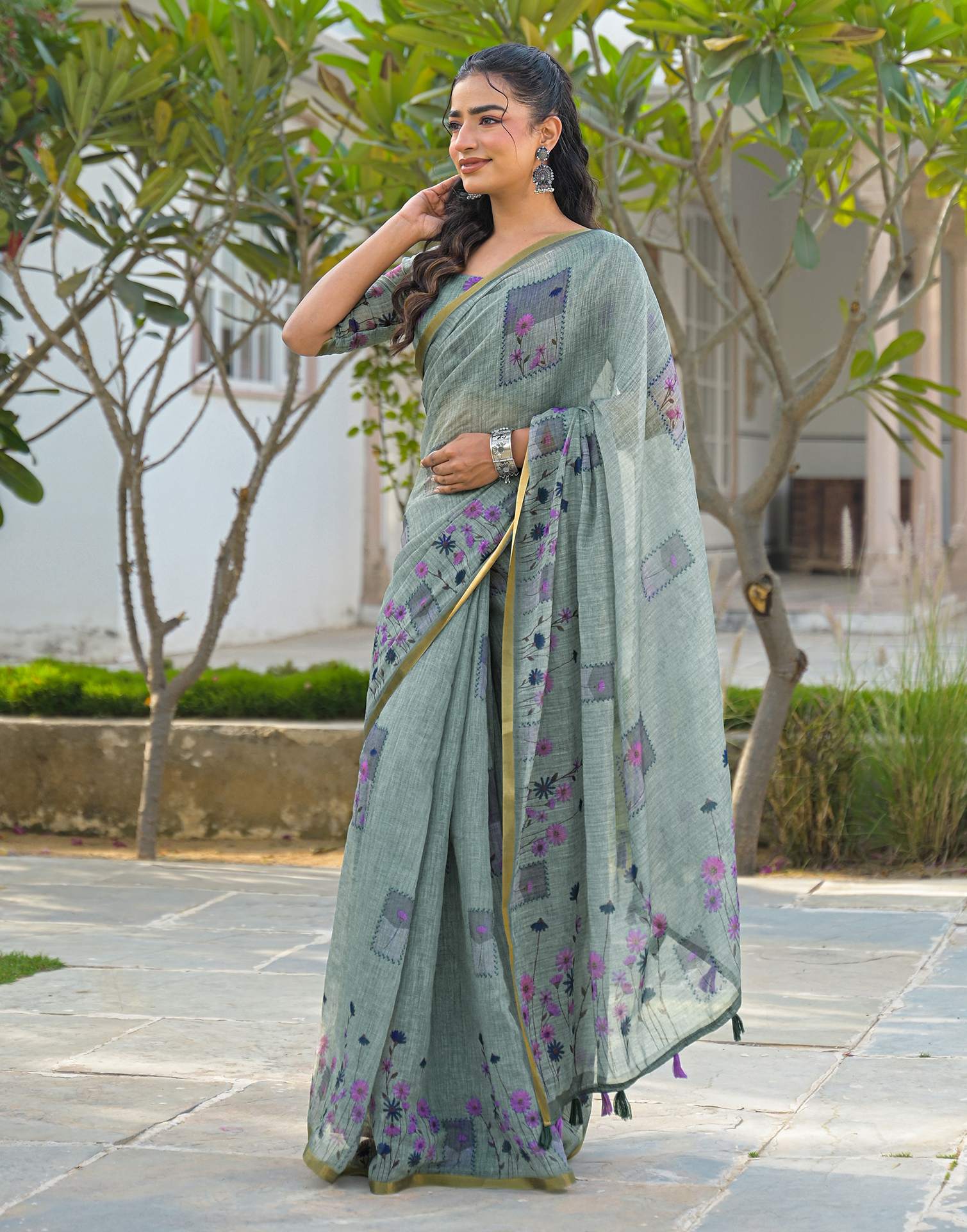 Sage Green Linen Floral Printed Saree