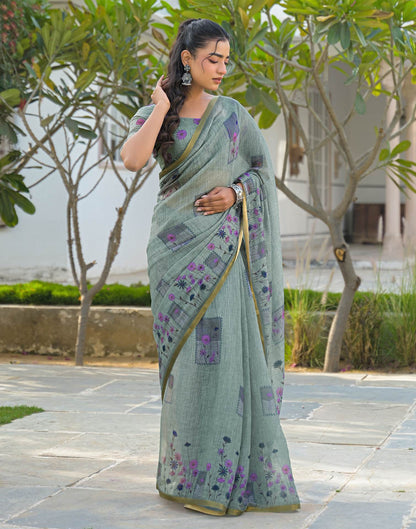 Sage Green Linen Floral Printed Saree