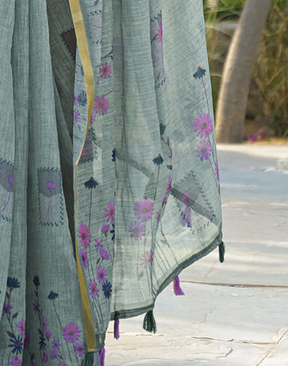 Sage Green Linen Floral Printed Saree