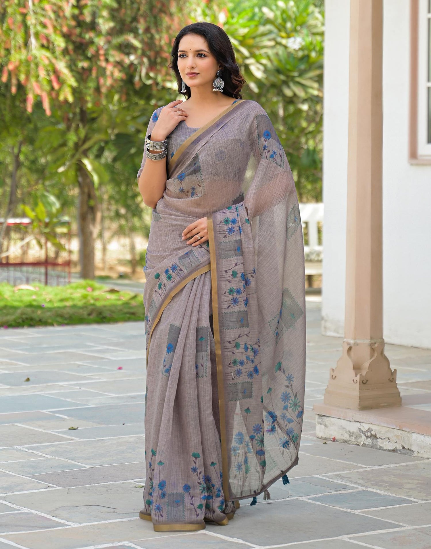 Grey Linen Floral Printed Saree