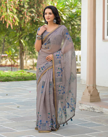 Grey Linen Floral Printed Saree