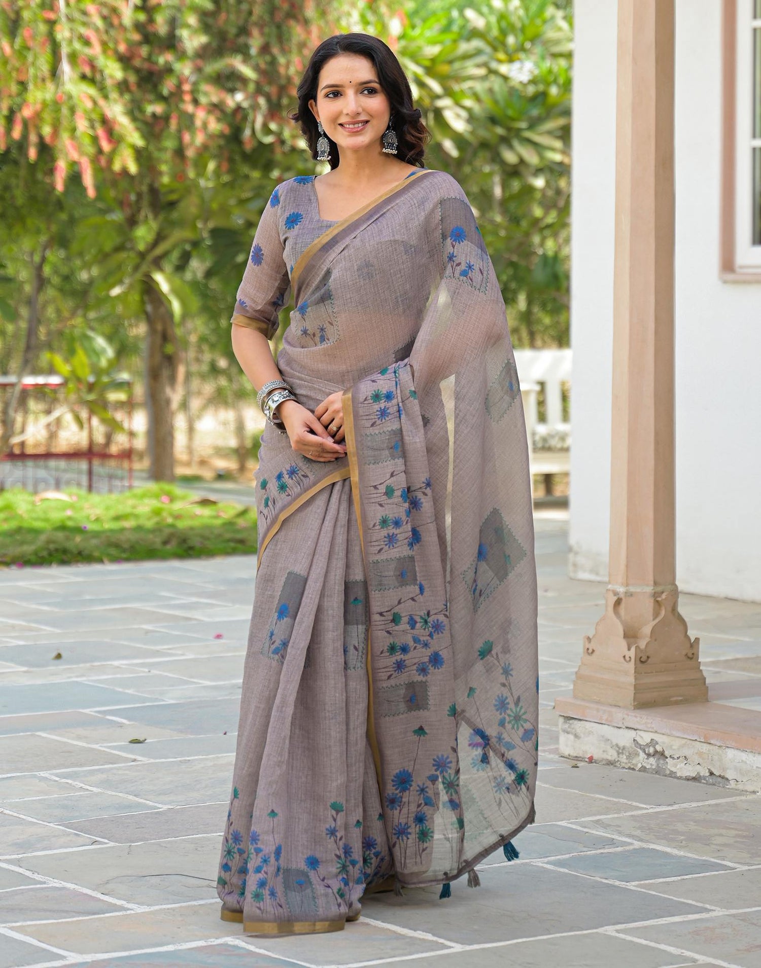 Grey Linen Floral Printed Saree