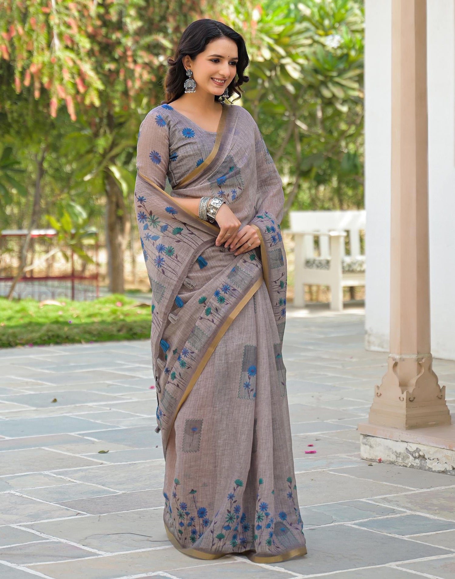 Grey Linen Floral Printed Saree