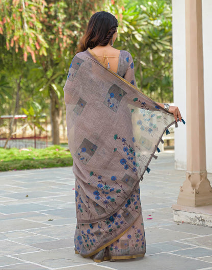 Grey Linen Floral Printed Saree
