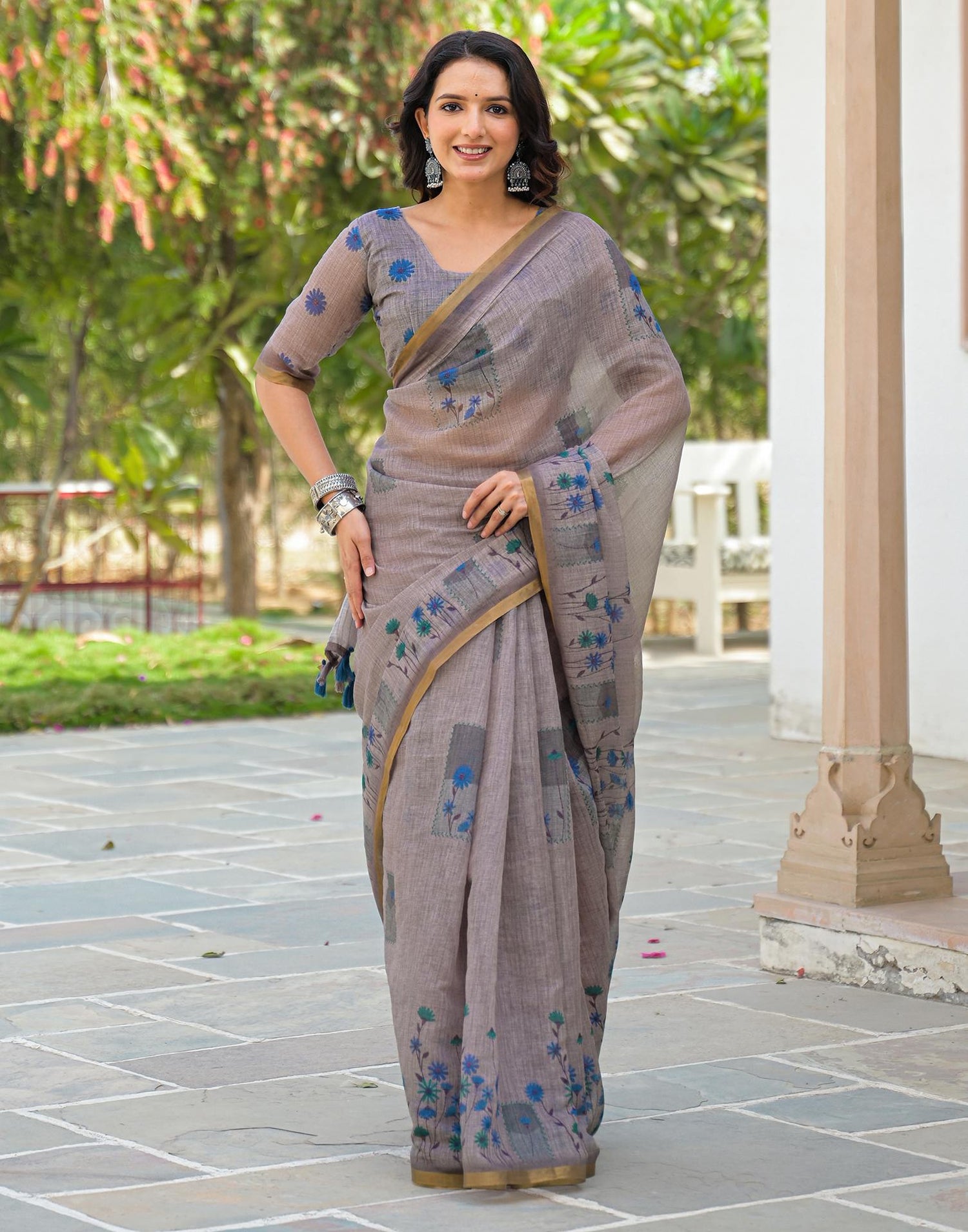 Grey Linen Floral Printed Saree