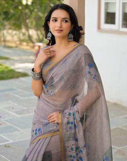 Grey Linen Floral Printed Saree