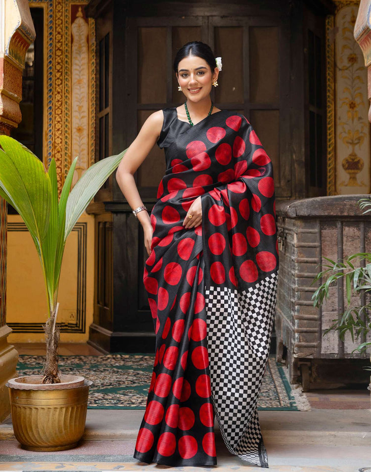 Black Khadi Polka Dot Printed Saree