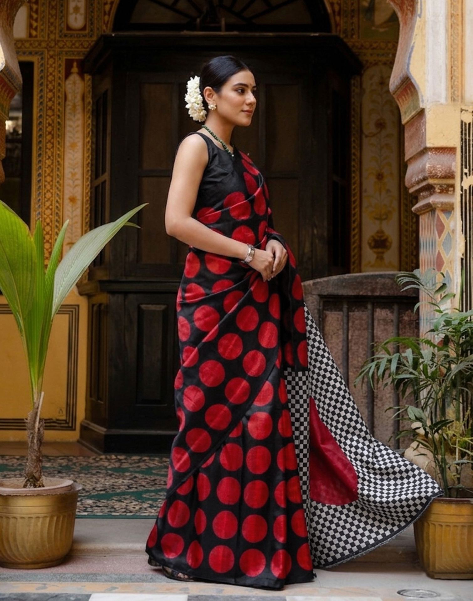 Black Khadi Polka Dot Printed Saree