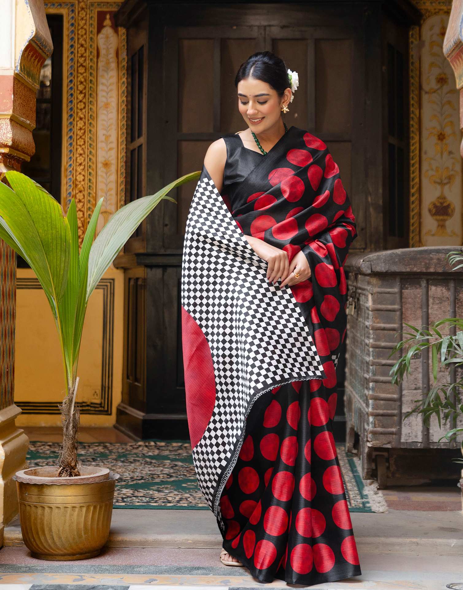 Black Khadi Polka Dot Printed Saree