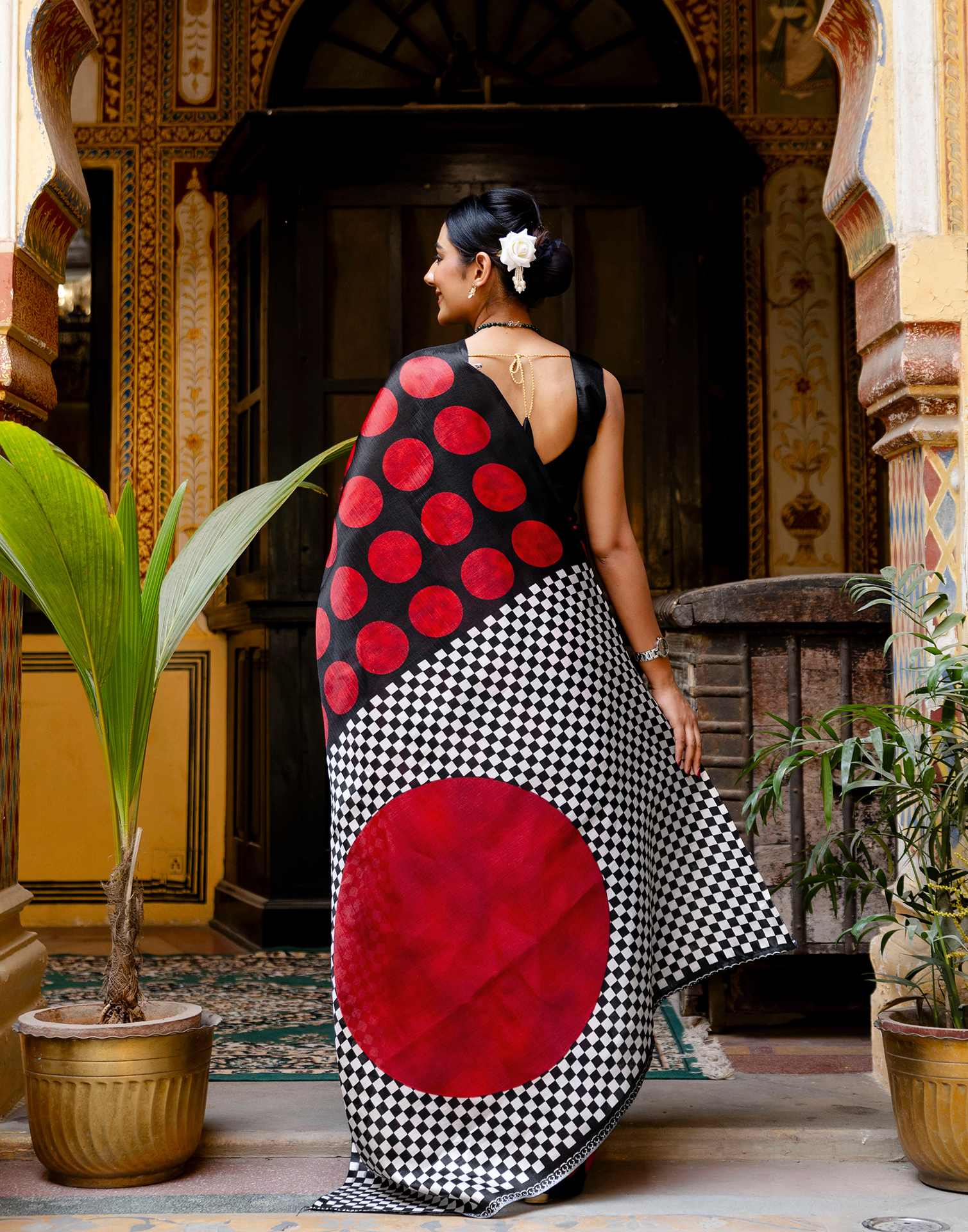 Black Khadi Polka Dot Printed Saree