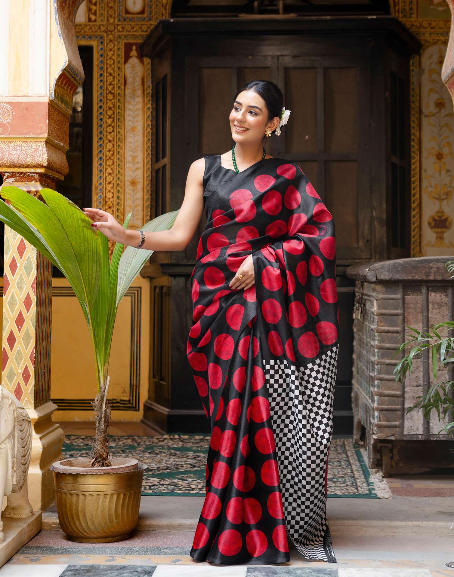 Black Khadi Polka Dot Printed Saree