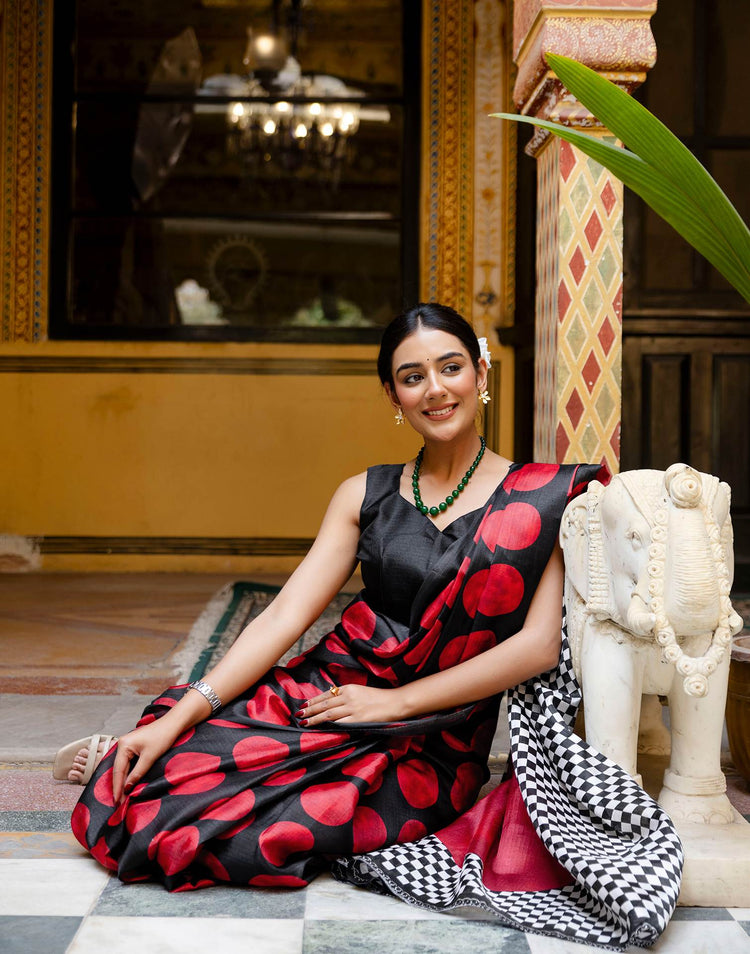 Black Khadi Polka Dot Printed Saree