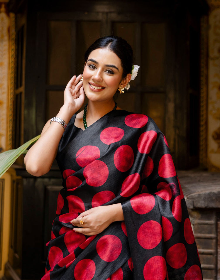 Black Khadi Polka Dot Printed Saree