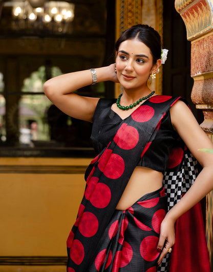 Black Khadi Polka Dot Printed Saree