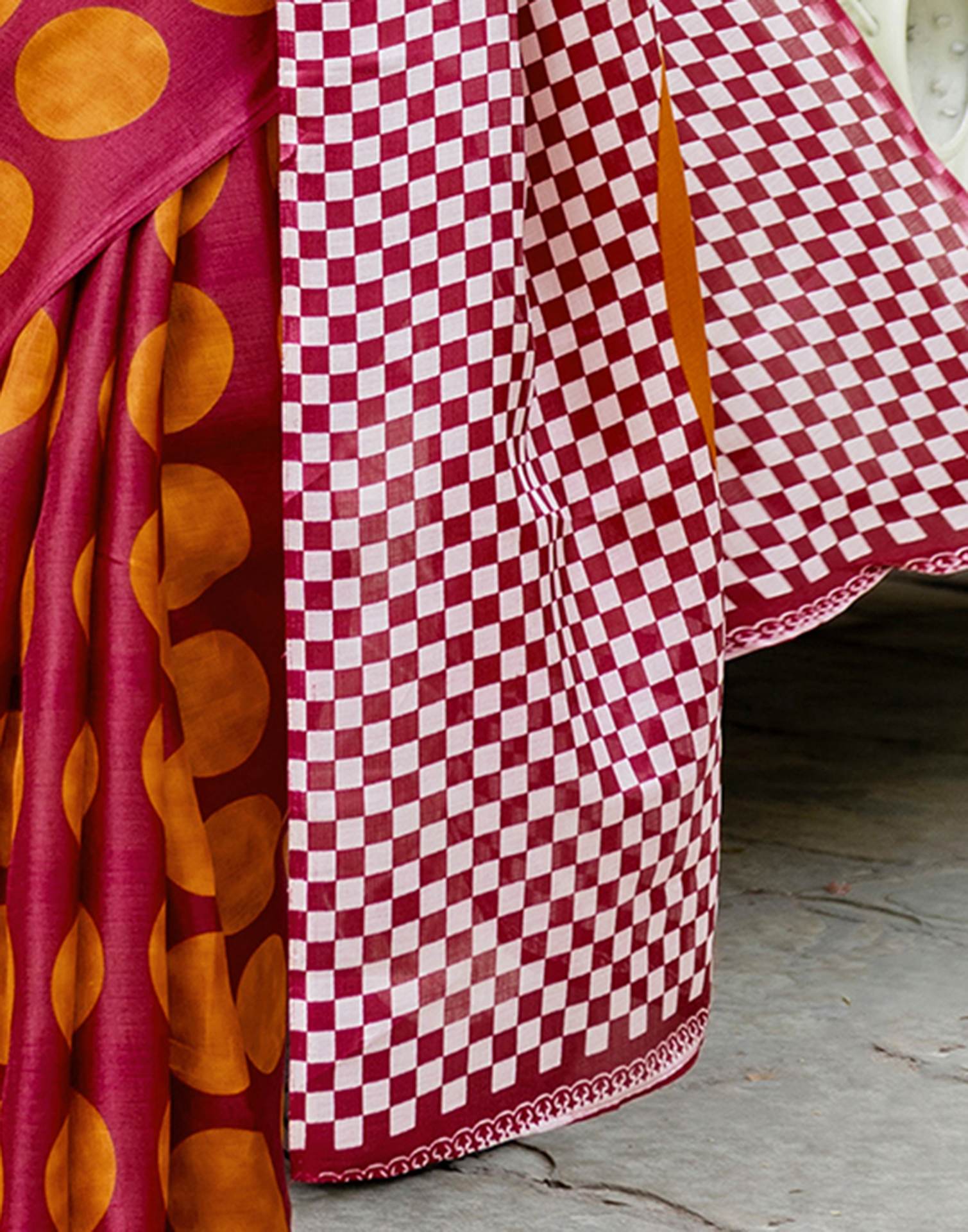 Maroon Khadi Polka Dot Printed Saree