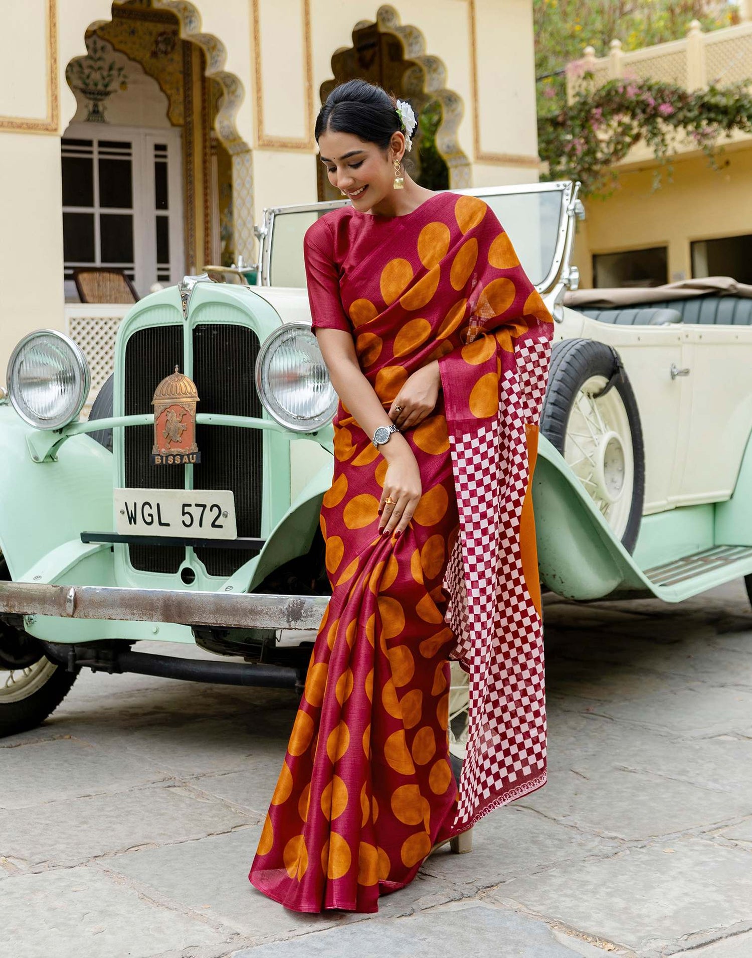 Maroon Khadi Polka Dot Printed Saree