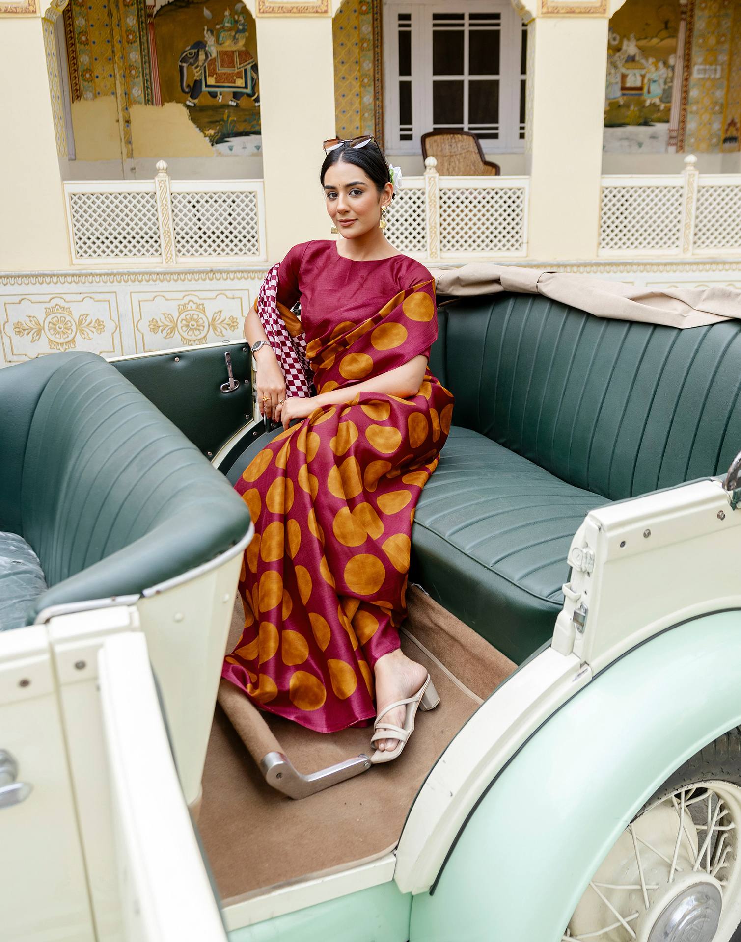 Maroon Khadi Polka Dot Printed Saree