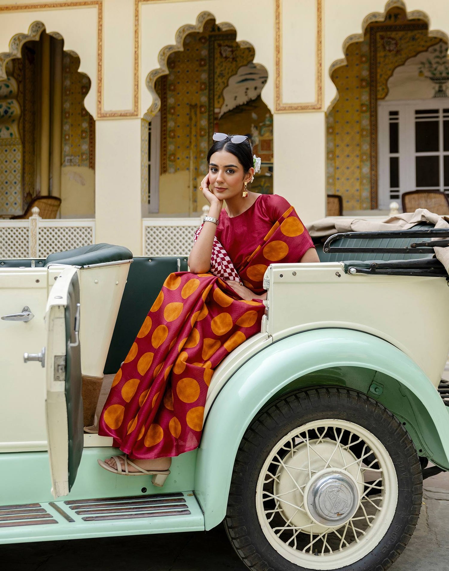 Maroon Khadi Polka Dot Printed Saree
