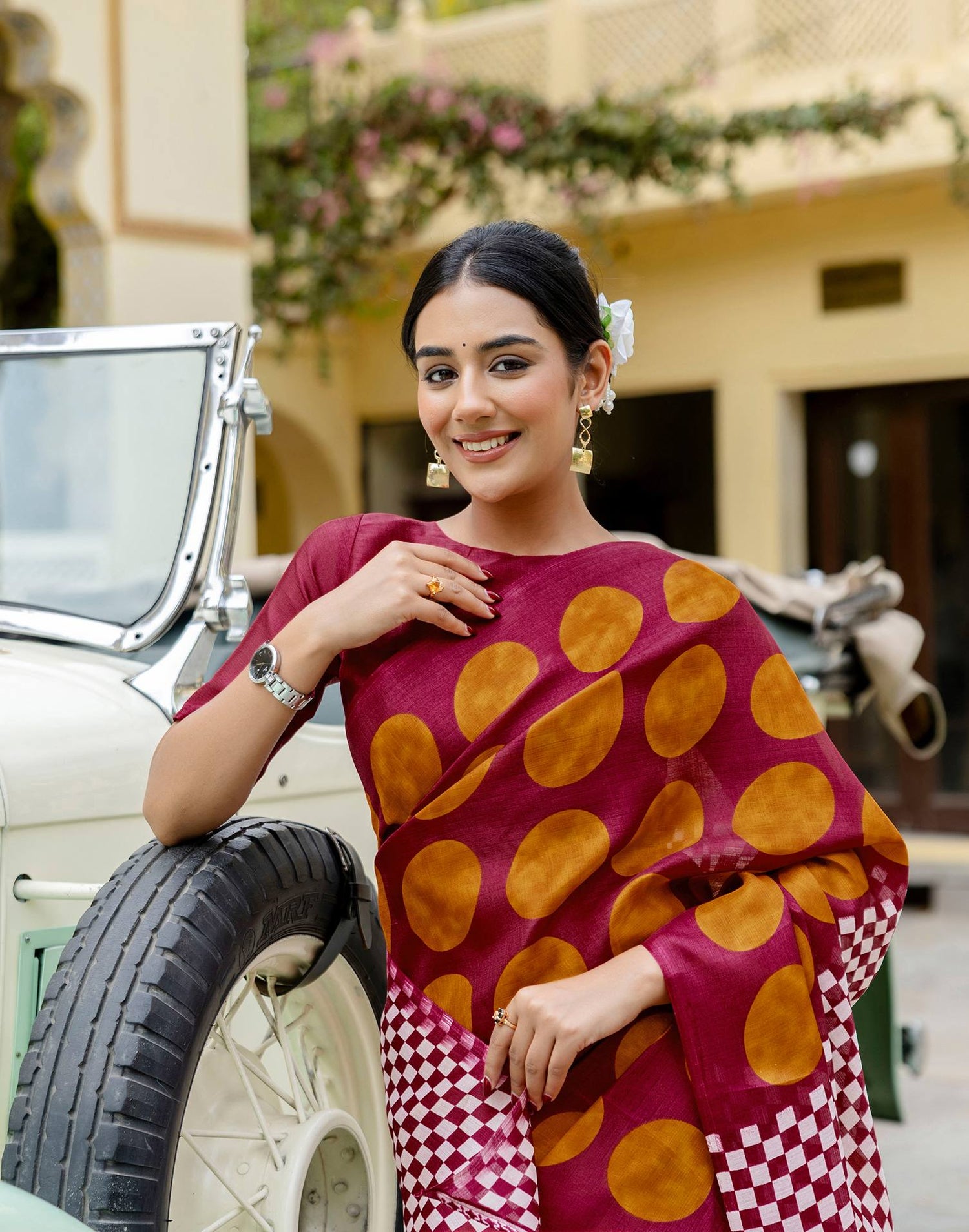 Maroon Khadi Polka Dot Printed Saree