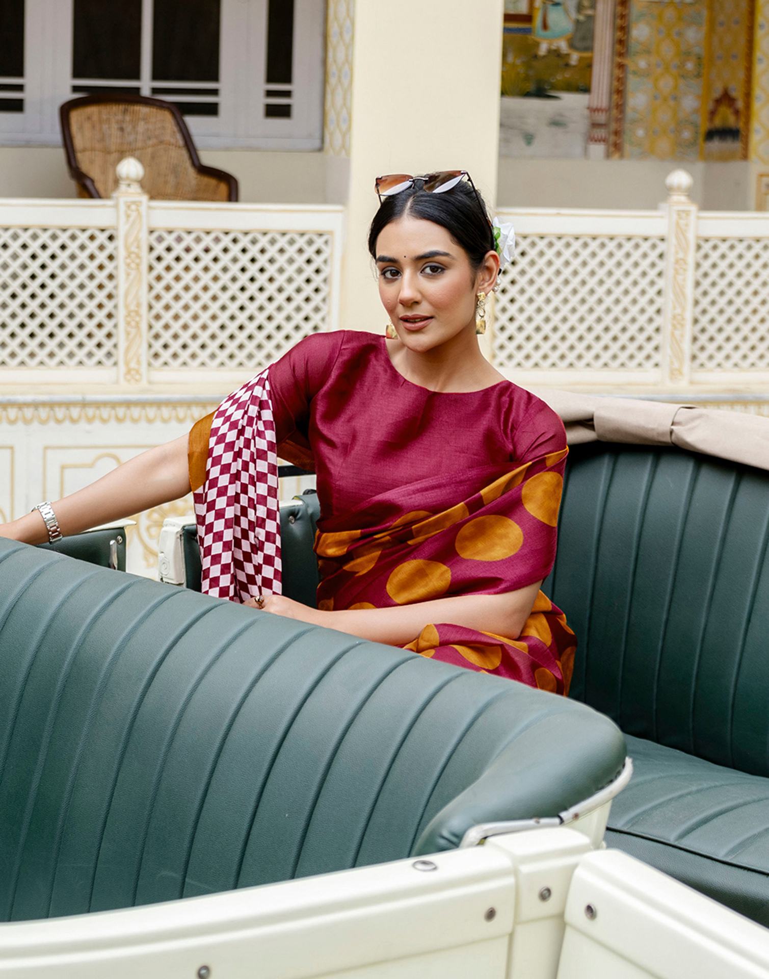 Maroon Khadi Polka Dot Printed Saree