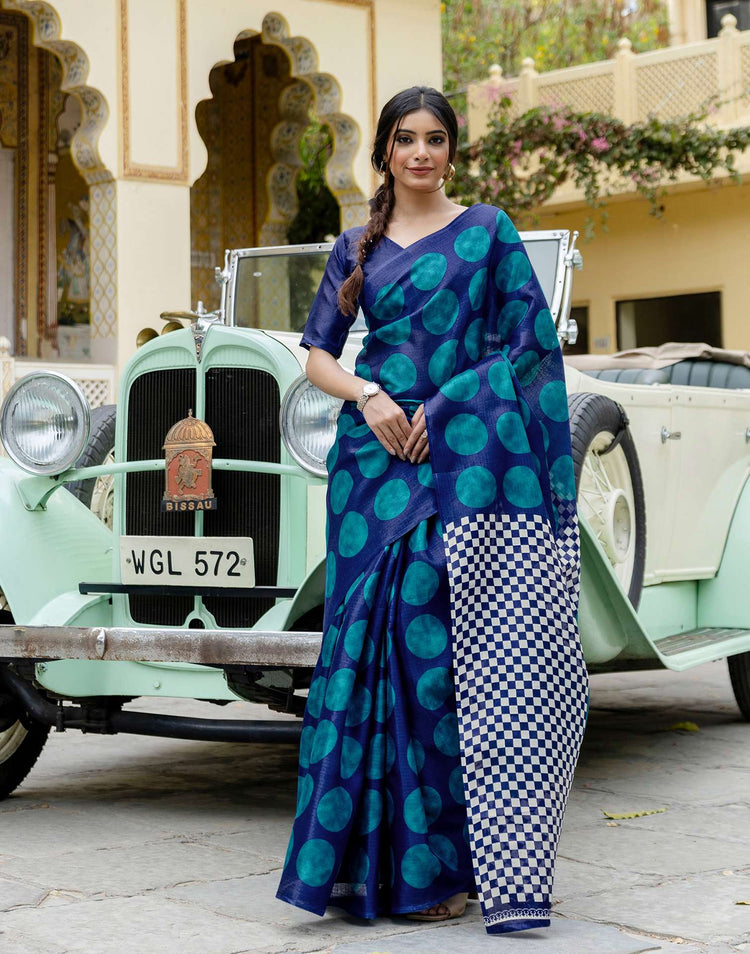Blue Khadi Polka Dot Printed Saree