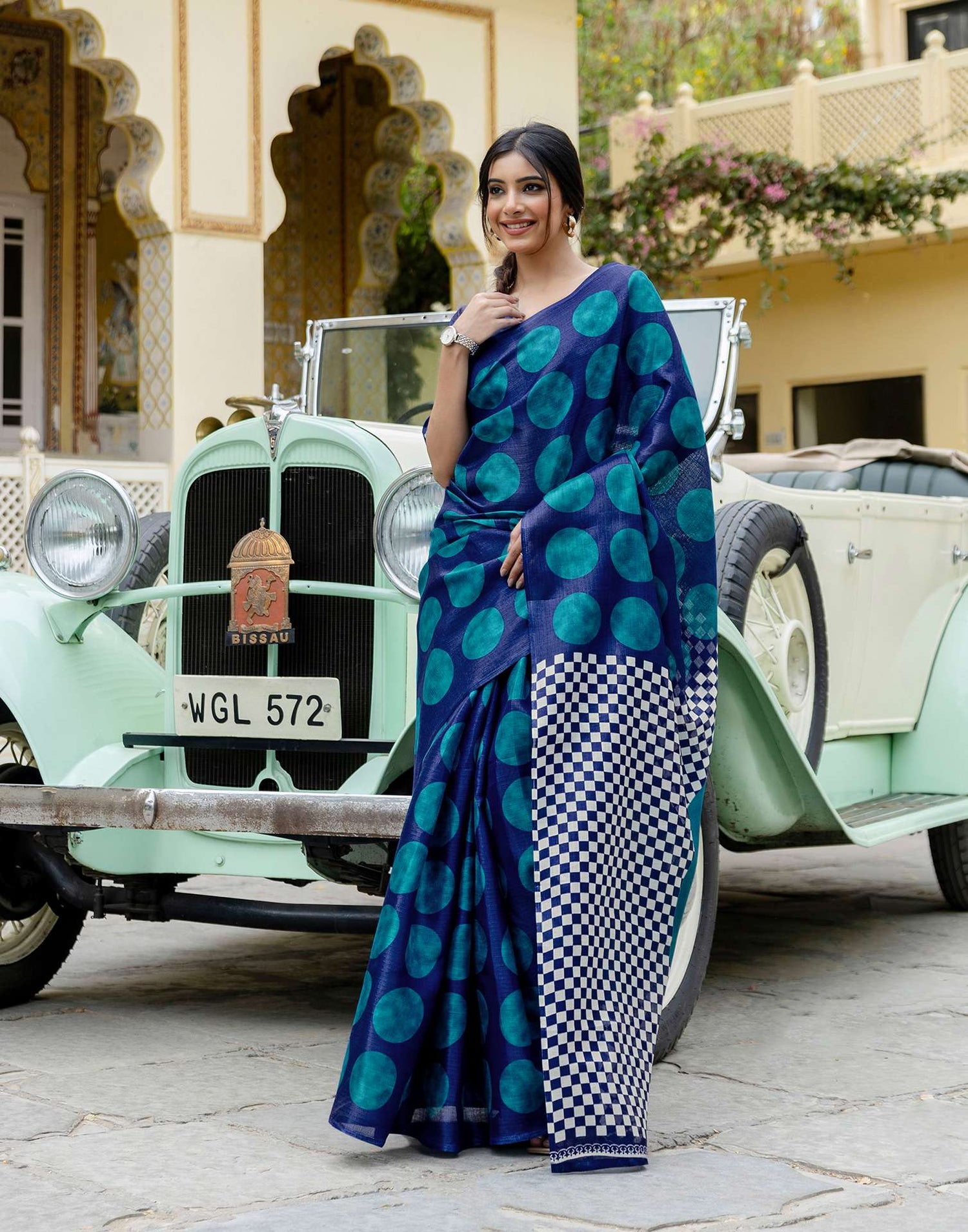 Blue Khadi Polka Dot Printed Saree