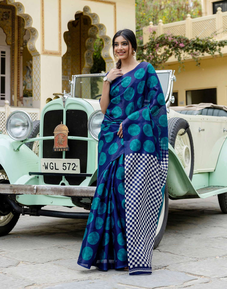 Blue Khadi Polka Dot Printed Saree