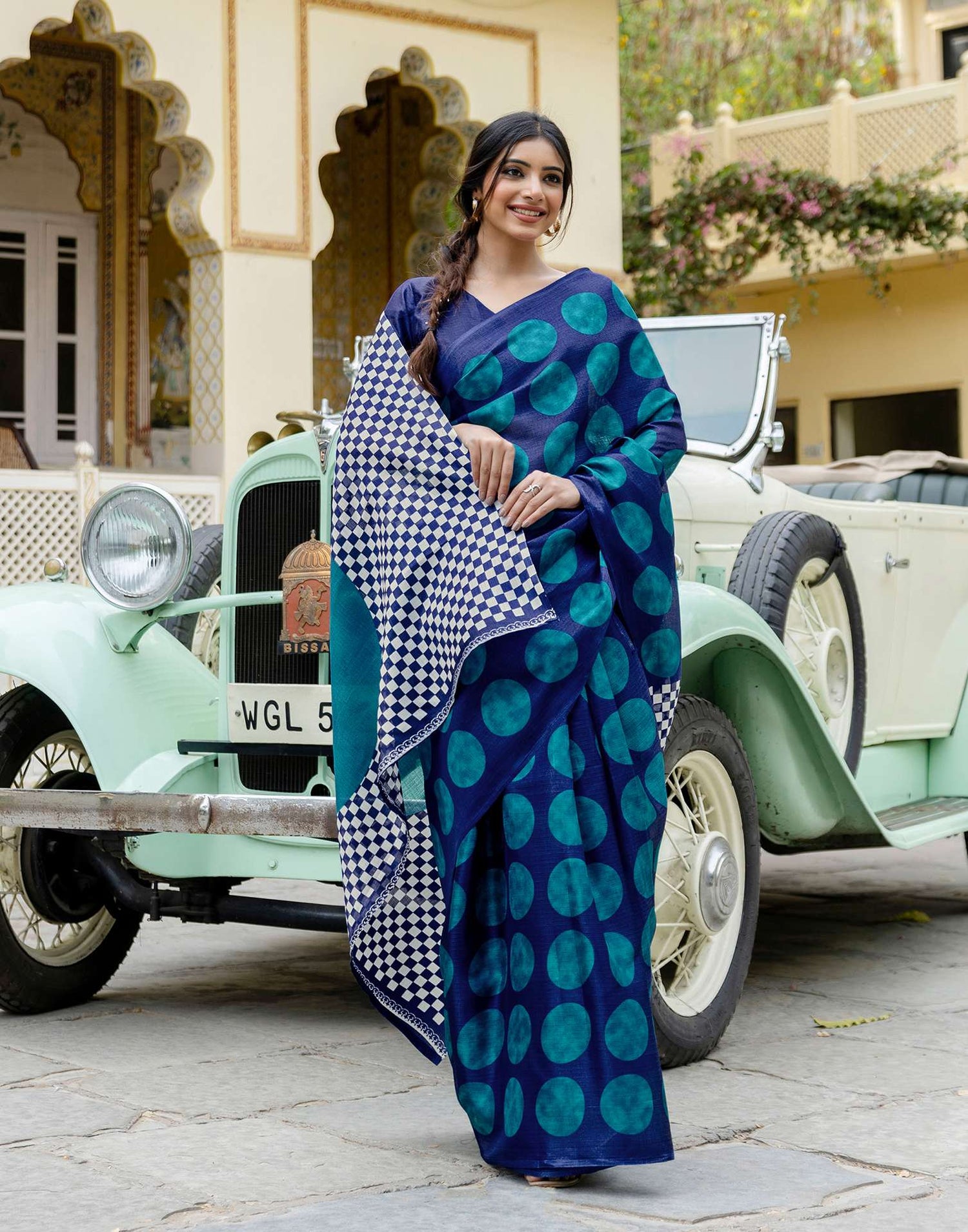 Blue Khadi Polka Dot Printed Saree