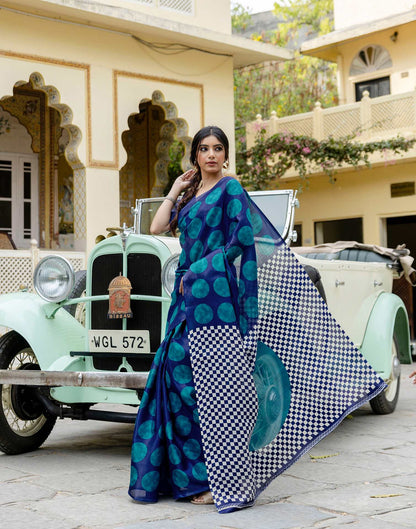 Blue Khadi Polka Dot Printed Saree