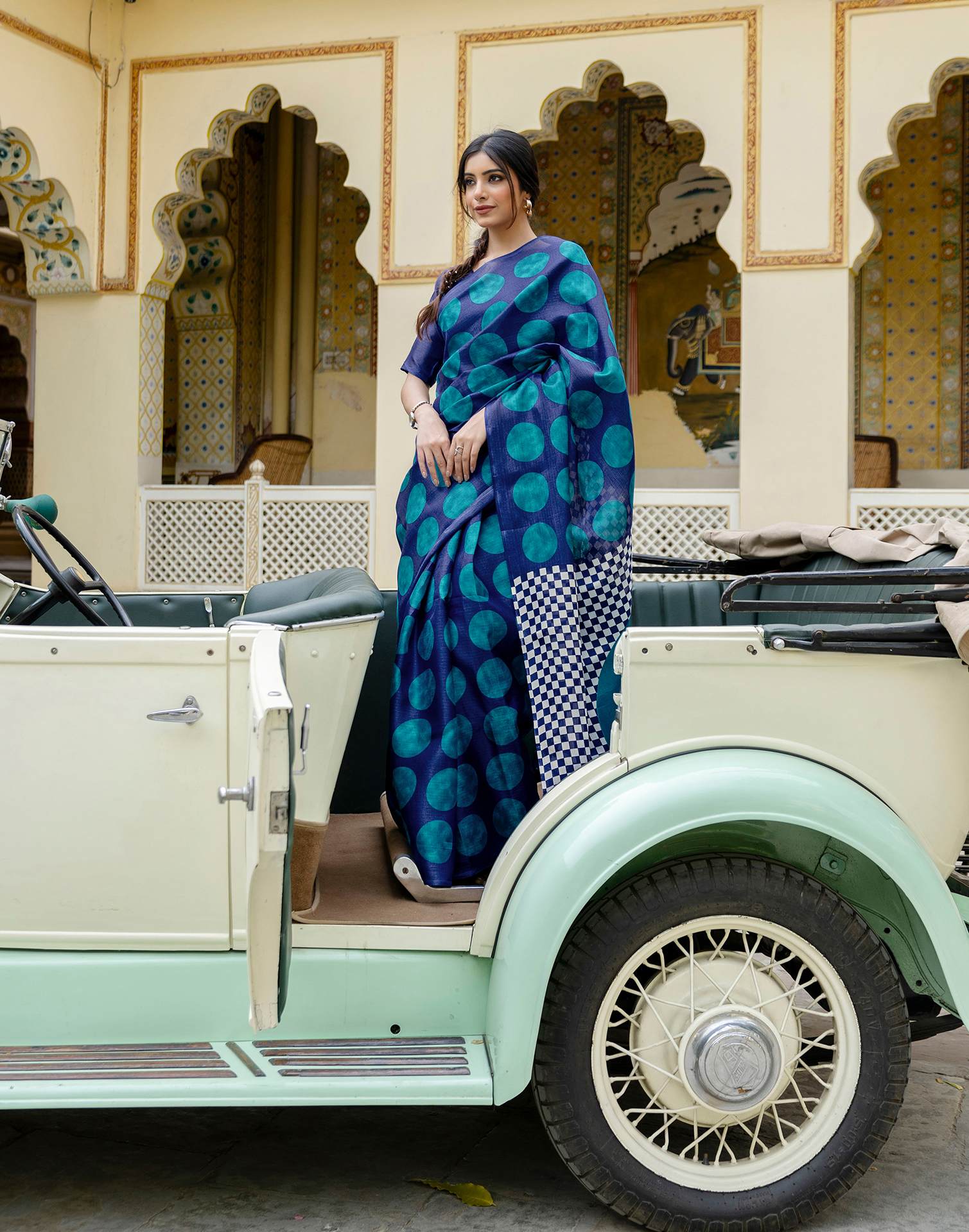 Blue Khadi Polka Dot Printed Saree
