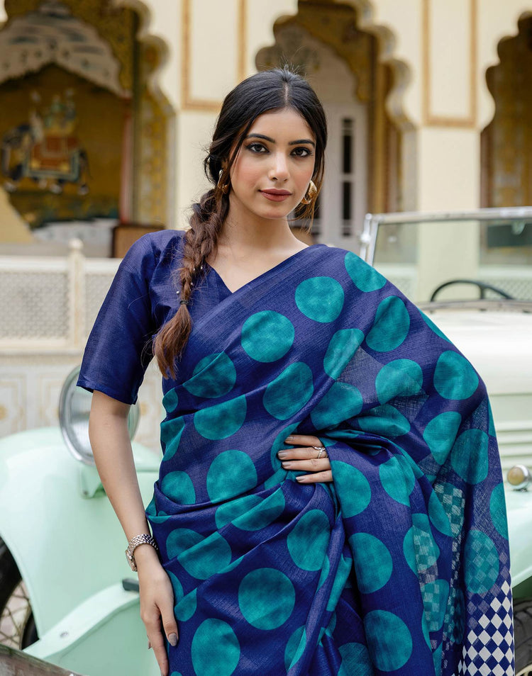 Blue Khadi Polka Dot Printed Saree