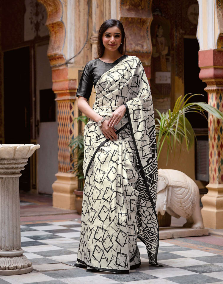 Off White Khadi Abstract Printed Saree