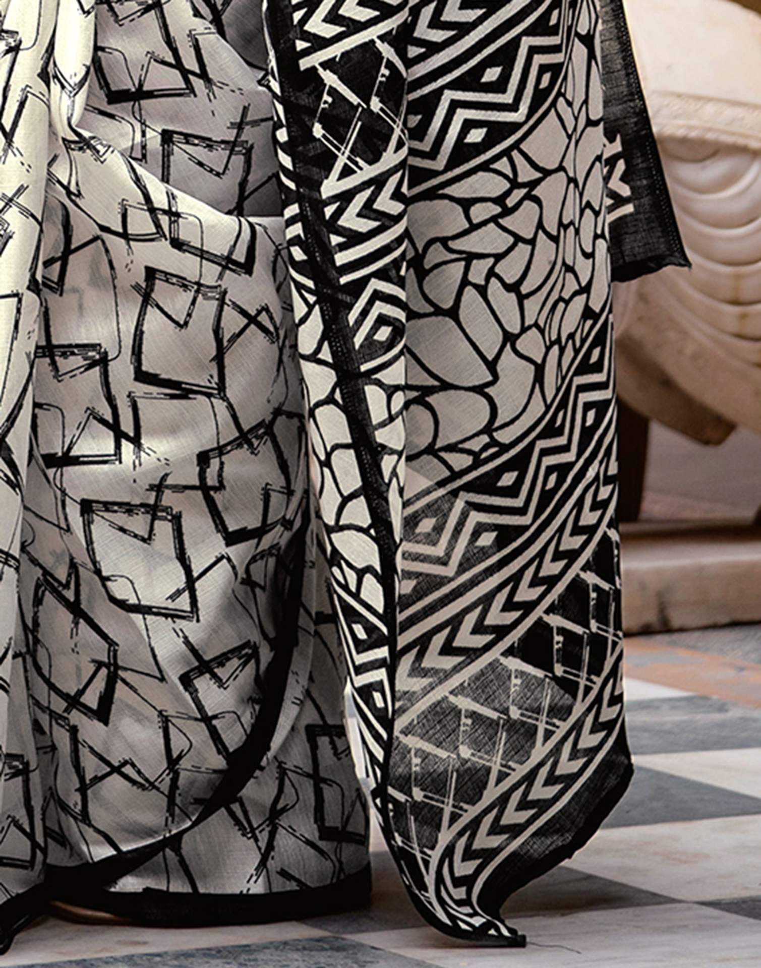 Off White Khadi Abstract Printed Saree
