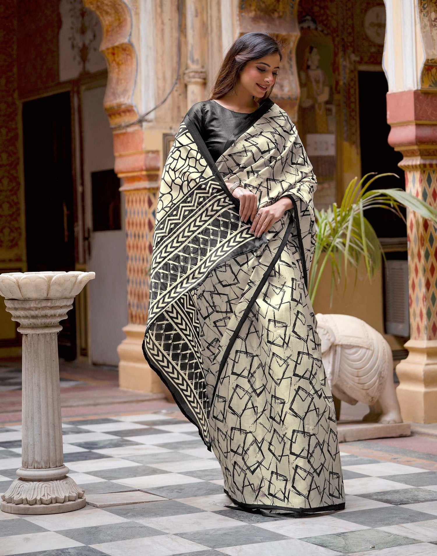 Off White Khadi Abstract Printed Saree