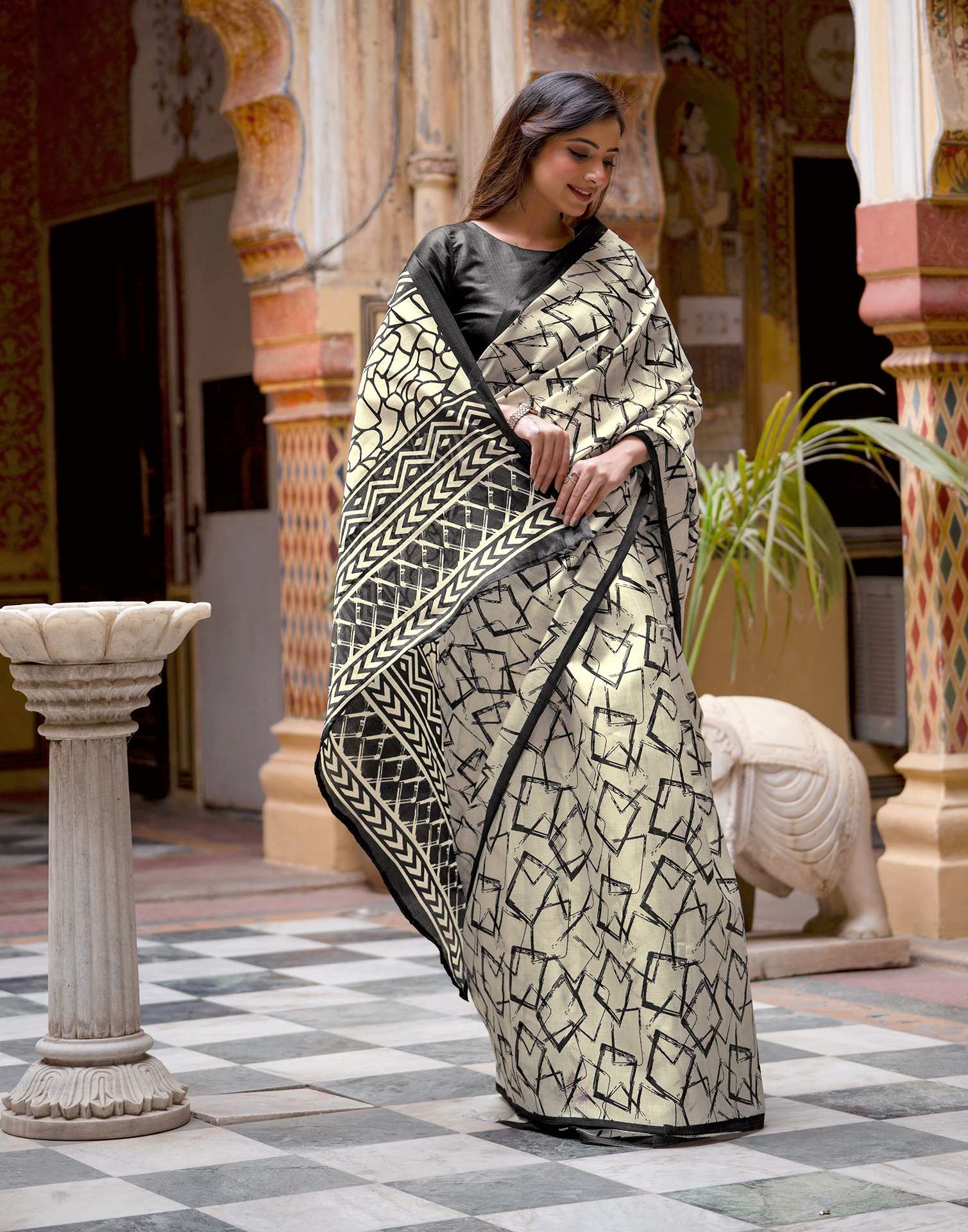 Off White Khadi Abstract Printed Saree