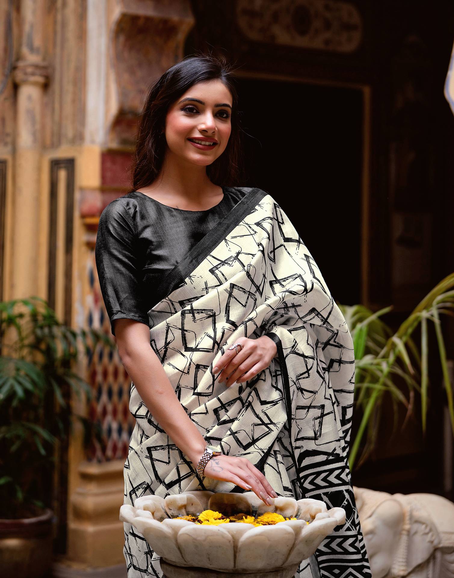 Off White Khadi Abstract Printed Saree